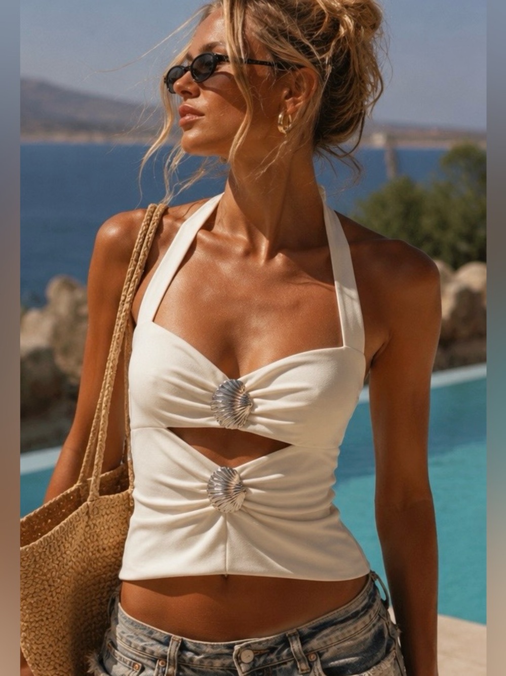 ZARA White Seashell Halter Top Size XL Runs Small Brand New Mermaid Vaca Summer